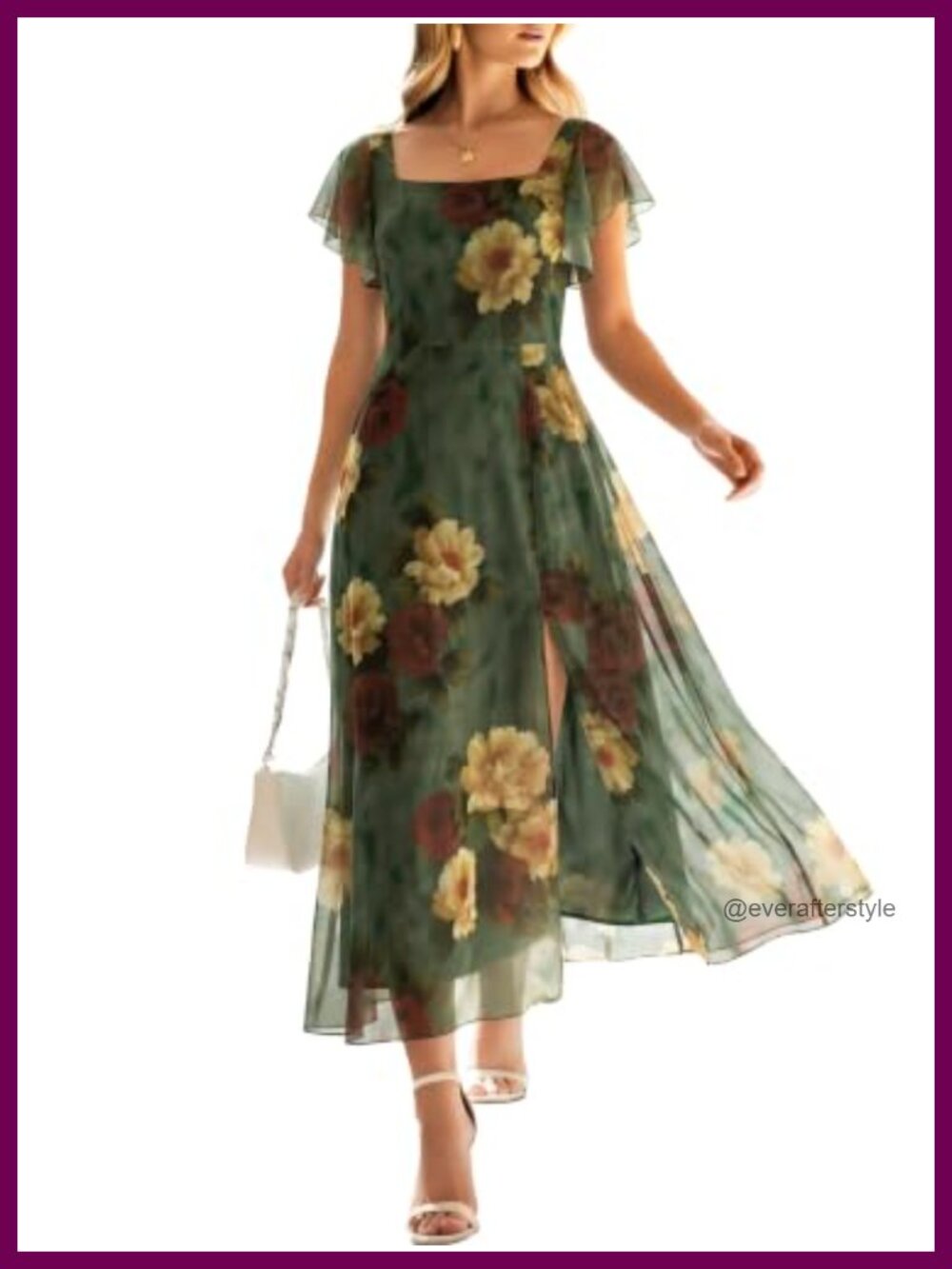 Floral Tulle Midi Dress Square Neck Ruffle Sleeve A-Line Wedding Guest